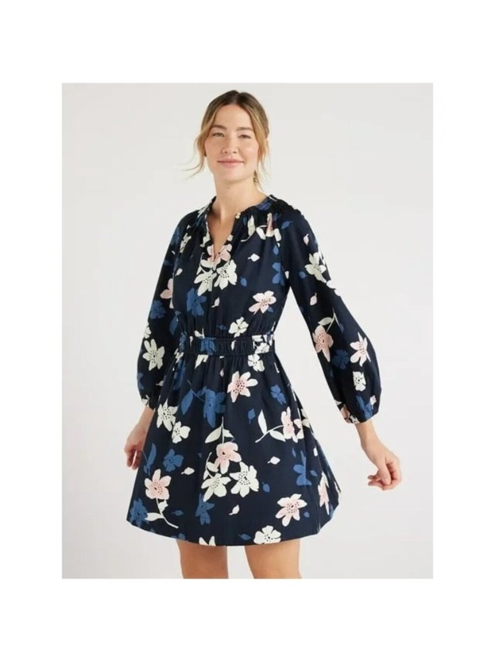 Free Assembly Floral Navy Midi Dress XXL Cotton Long Sleeve Elastic Wst (PP671)